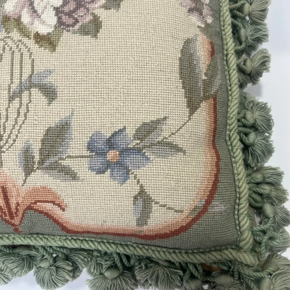 VTG‎ Aubusson Tapestry Rose Green Fringe Needlepoint Feather Down Country Pillow